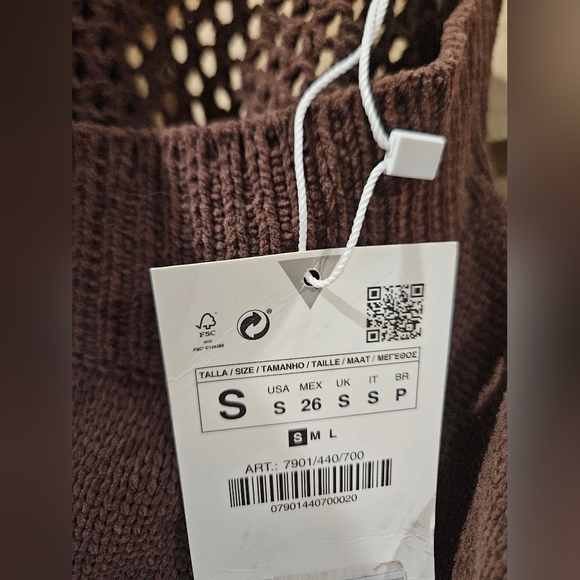 ZARA Open-Knit Long Sleeve Mini Dress | Chocolate Brown. Size Small NWT - Picture 10 of 16